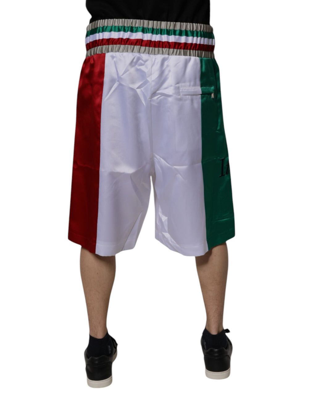 Shorts Bermuda multicolores en polyester Dolce & Gabbana, motif Italia, pour homme ou femme, détails vibrants et tendance.