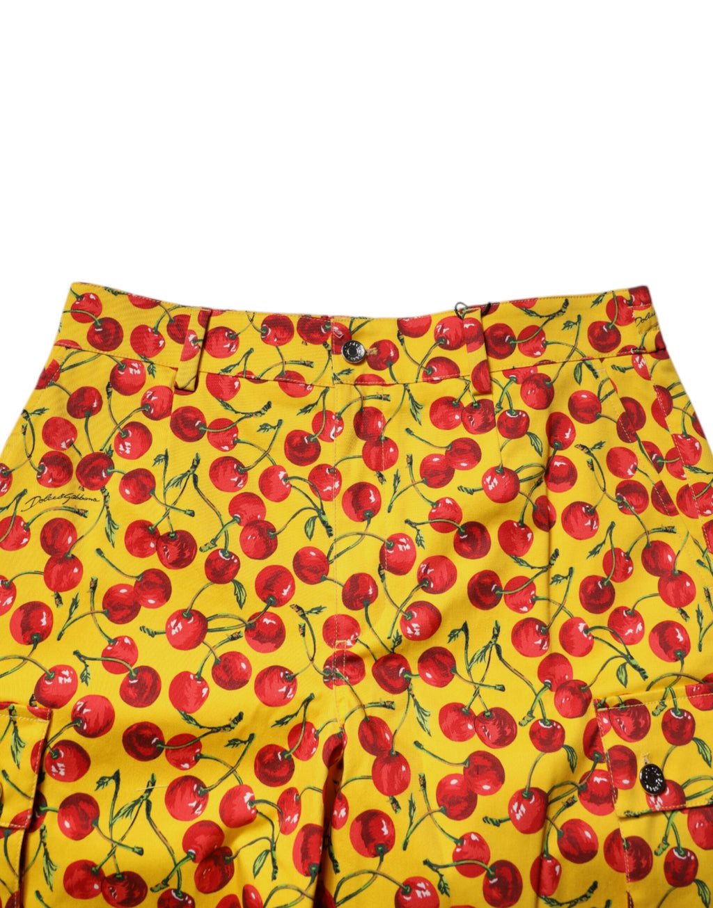 Shorts bermuda en coton jaune à imprimé cerises de Dolce & Gabbana pour homme, détails colorés et style estival.