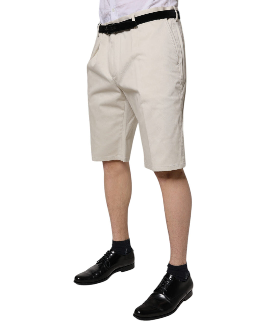 Shorts bermuda beige en coton extensible de Dolce & Gabbana, taille mi-haute, pour un style élégant et décontracté.