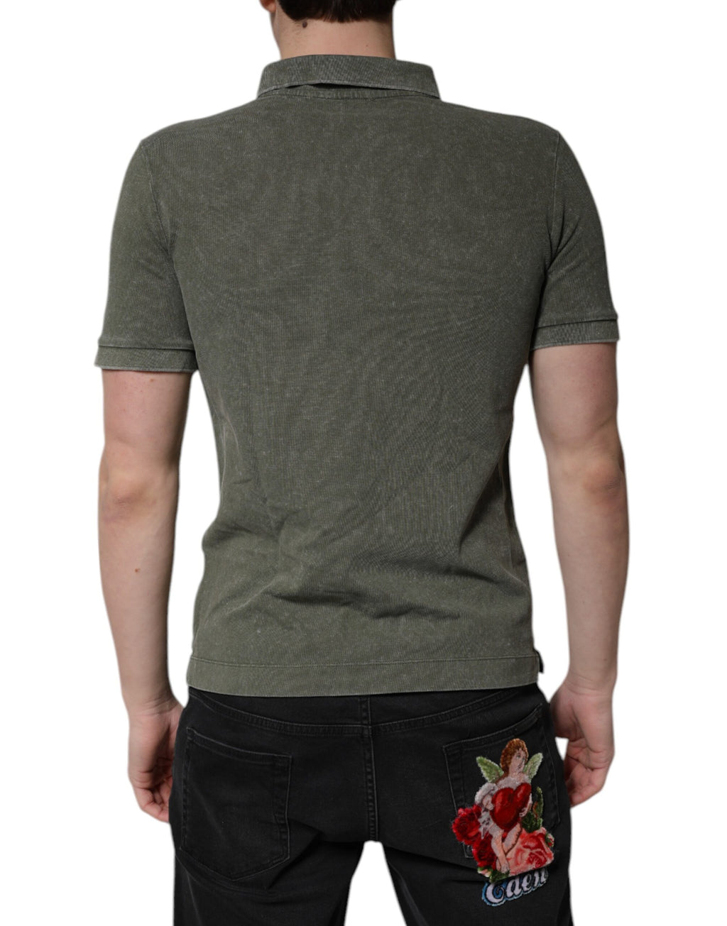 Polo en coton vert army Dolce & Gabbana avec logo et plaque à l'avant, manches courtes et col classique.
