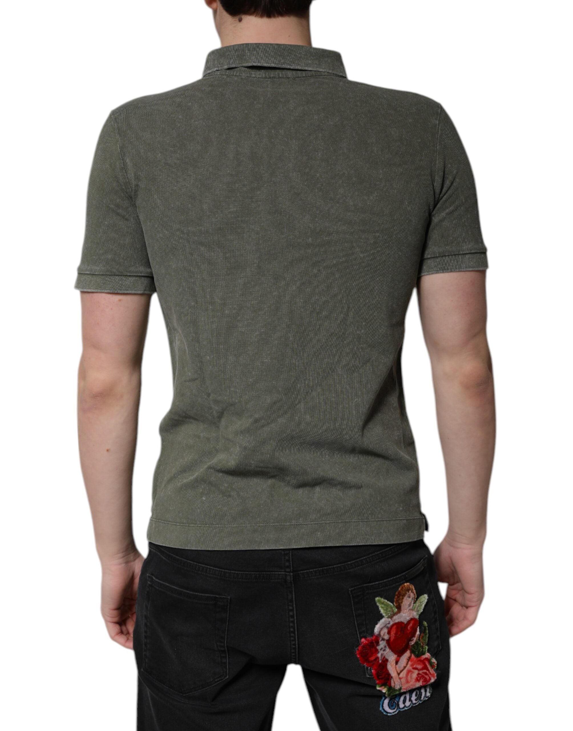 Polo en coton vert army Dolce & Gabbana avec logo et plaque à l'avant, manches courtes et col classique.