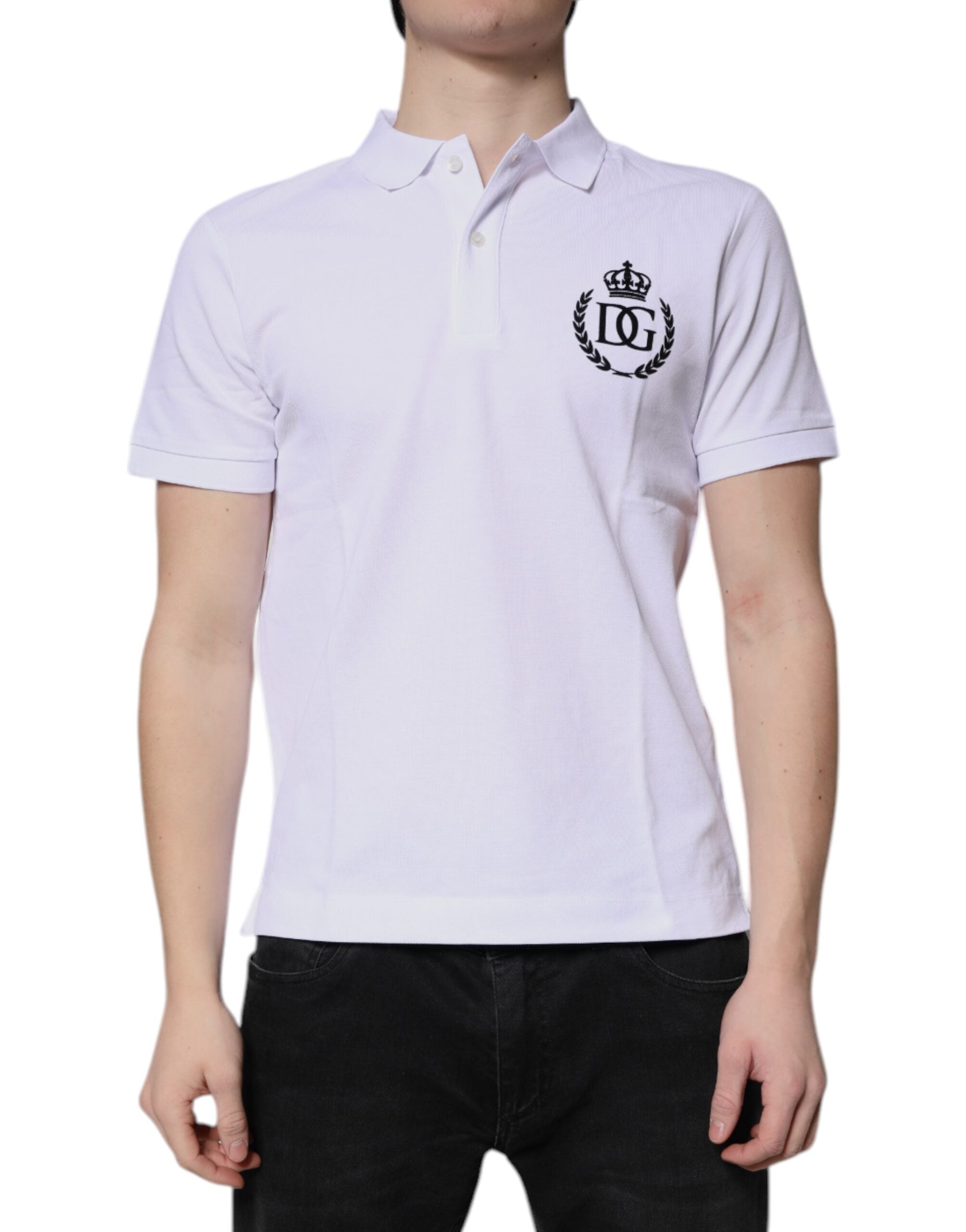 Polo pour homme Dolce & Gabbana en coton blanc avec col à couronne, détail élégant et classique.