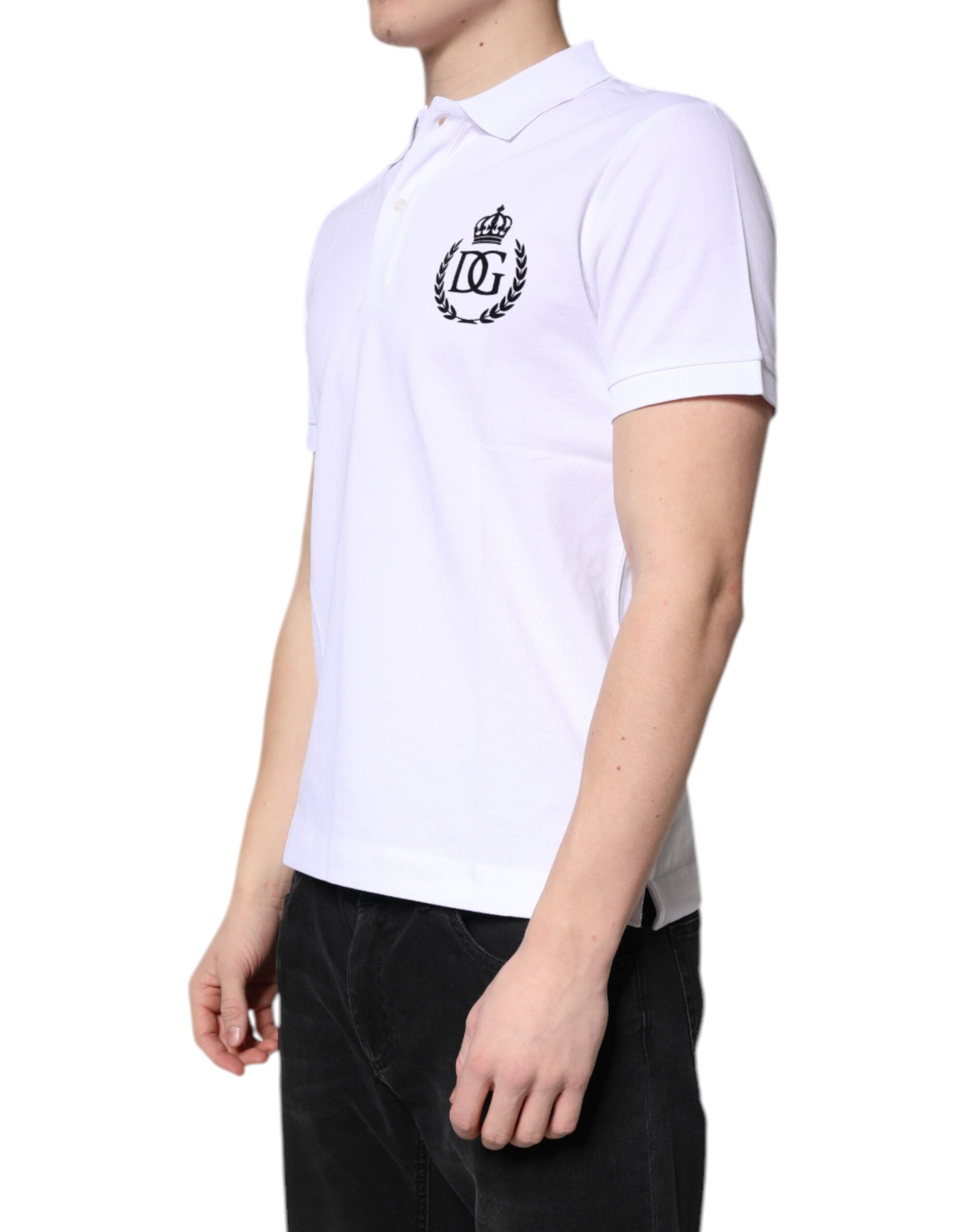 Polo pour homme Dolce & Gabbana blanc en coton avec col en forme de couronne, style élégant et décontracté.
