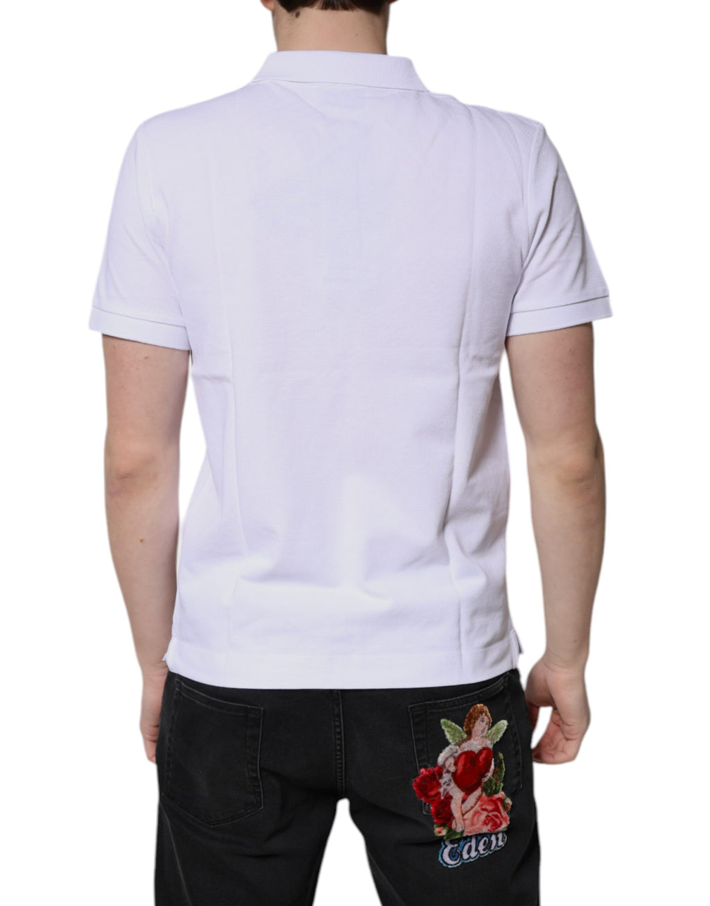 Polo homme Dolce & Gabbana en coton blanc avec col et couronne brodés, style élégant et décontracté.