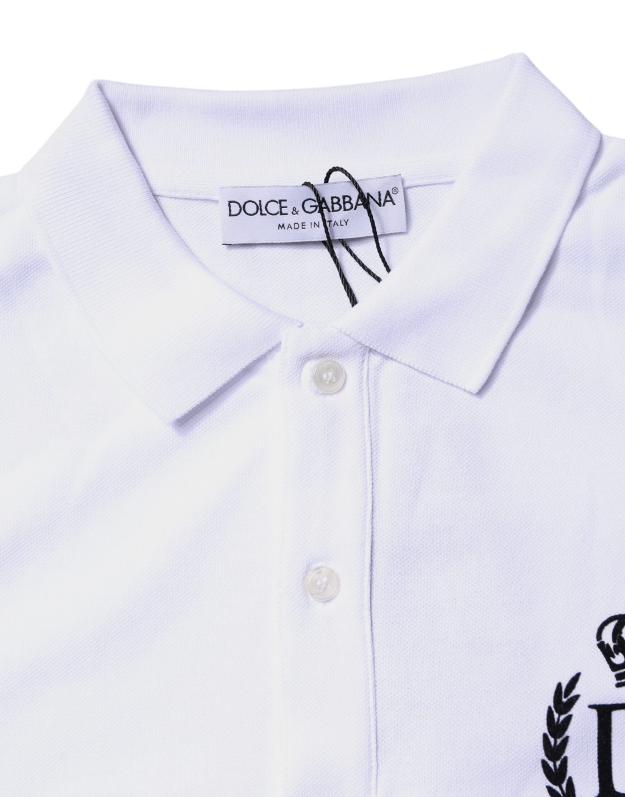 Polo homme Dolce & Gabbana blanc en coton avec col à couronne, style élégant et classique.