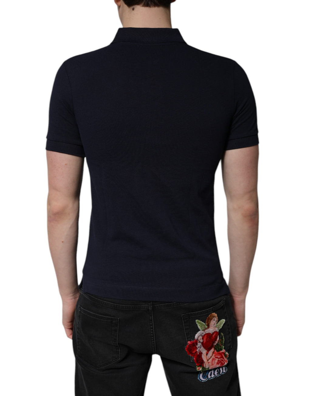 Polo en coton bleu foncé de Dolce & Gabbana avec col montant et détails de couronne, style élégant et sophistiqué.