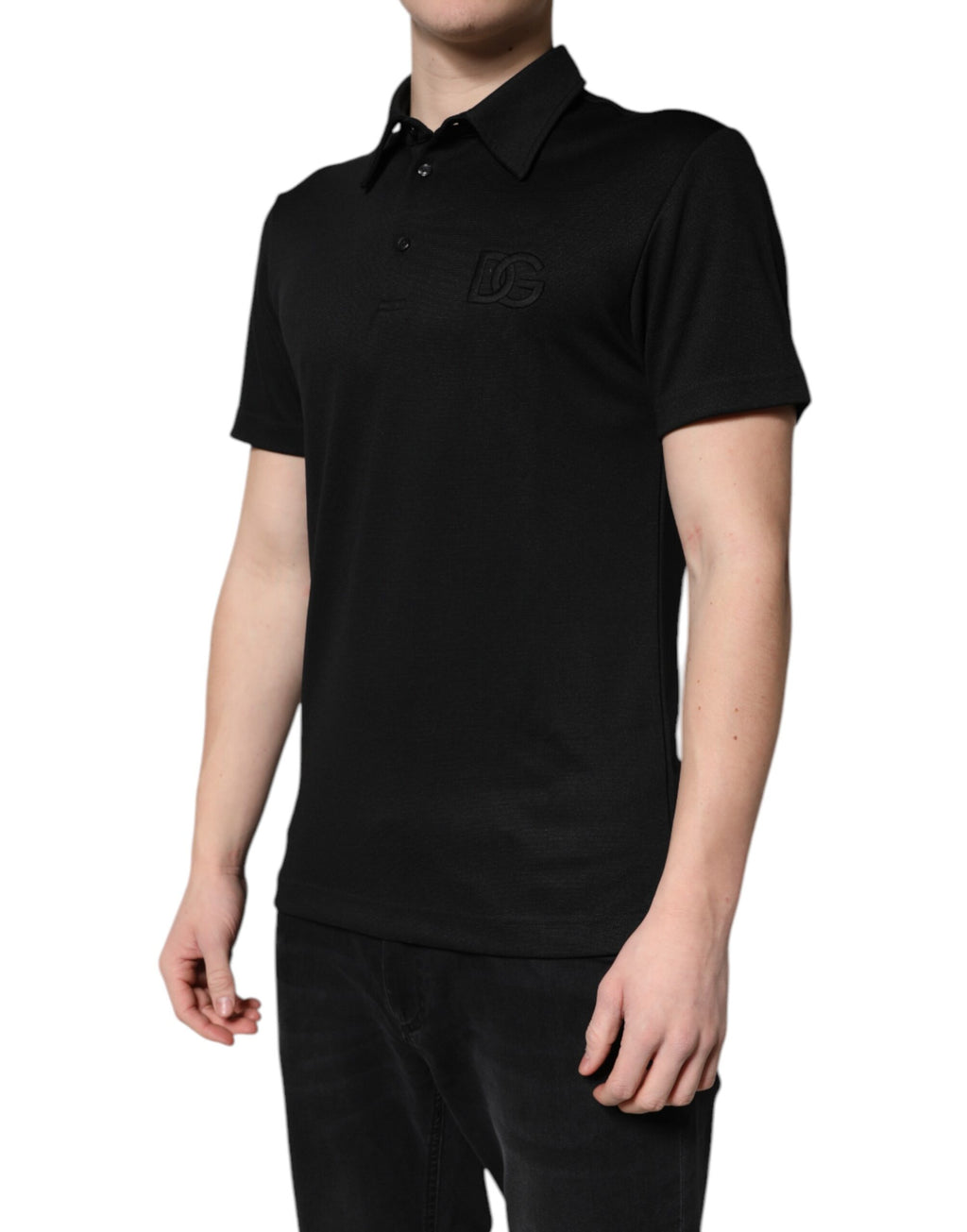 Polo noir en polyester Dolce & Gabbana avec logo DG, col classique et design élégant, parfait pour un style chic.