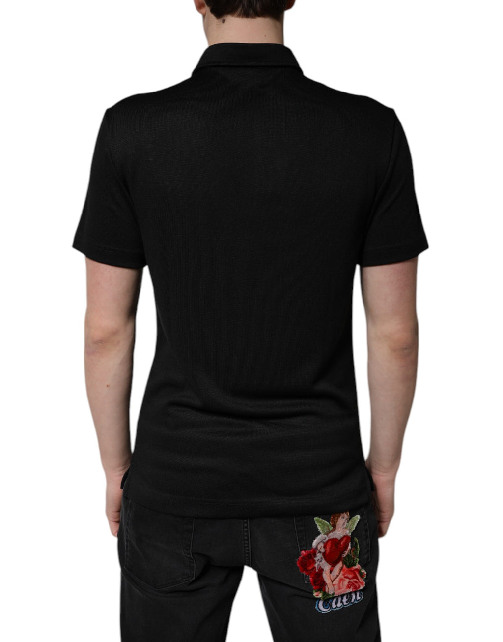 T-shirt polo noir en polyester Dolce & Gabbana avec logo DG, col classique et design élégant.