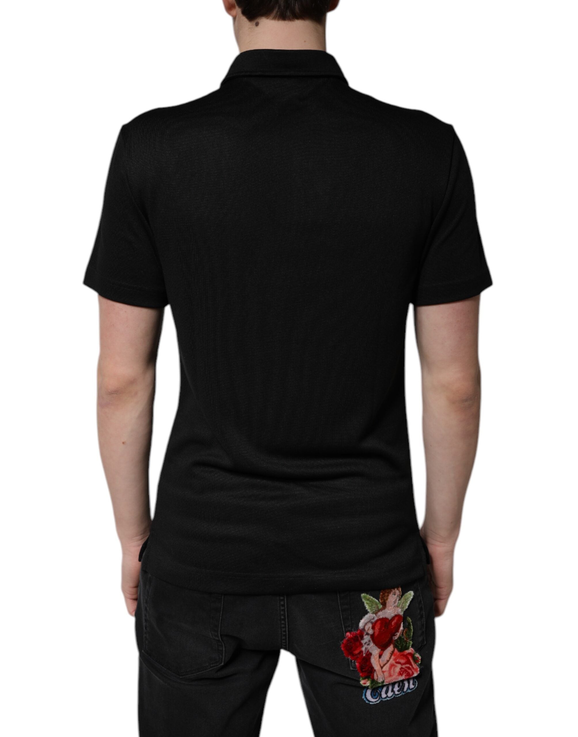 T-shirt polo noir en polyester Dolce & Gabbana avec logo DG, col classique et design élégant.