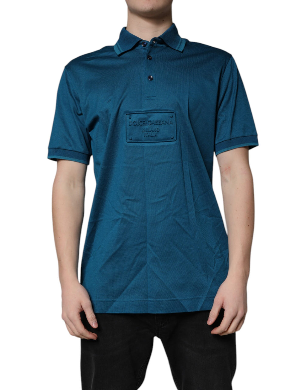 Polo homme Dolce & Gabbana en coton bleu avec logo, col classique et design élégant.