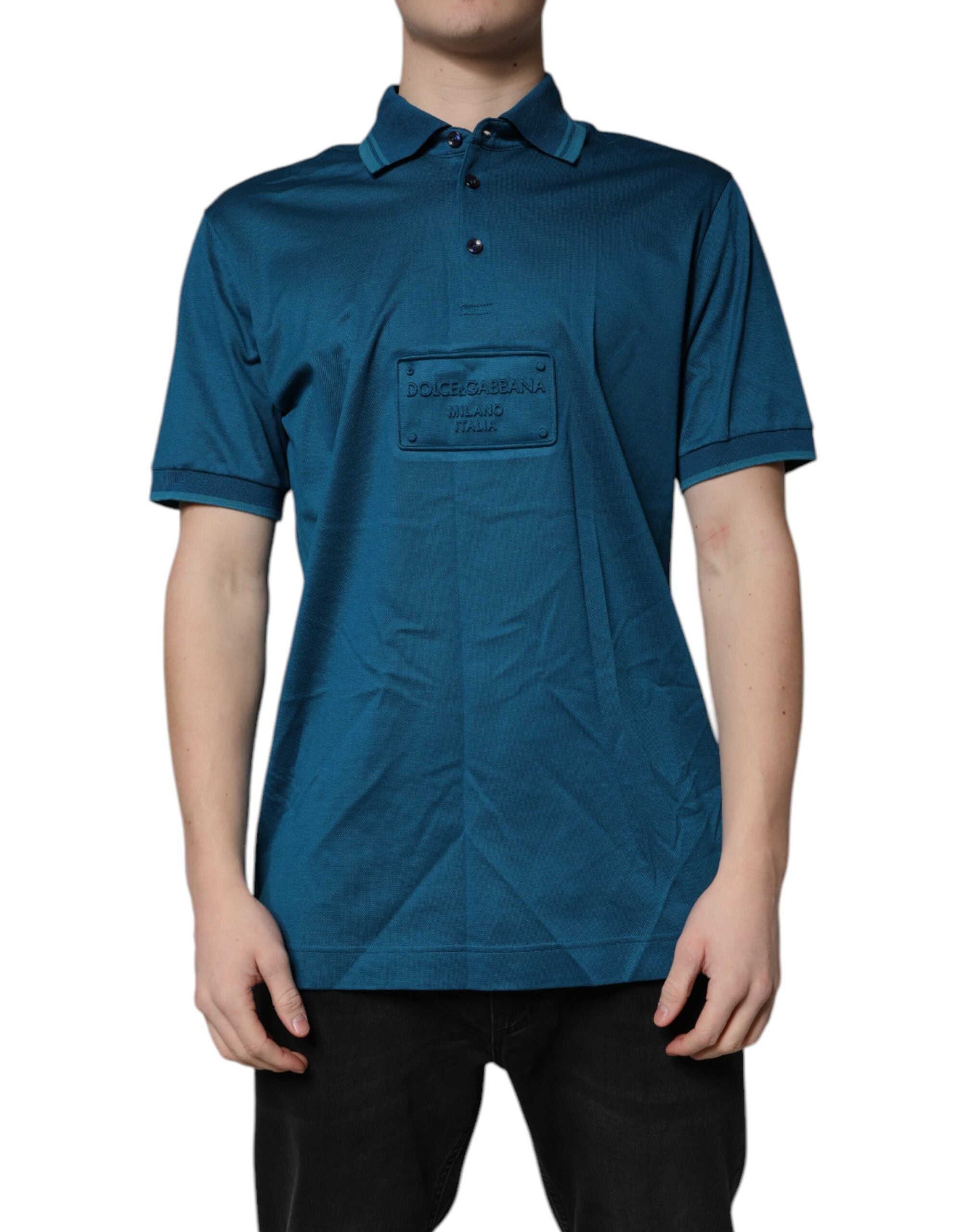 Polo homme Dolce & Gabbana en coton bleu avec logo, col classique et design élégant.
