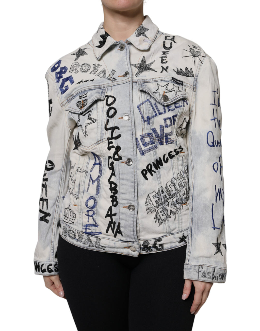 Veste en jean à boutons Dolce & Gabbana Light Blue Graffiti, style décontracté avec motif graffiti sur le denim.