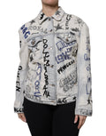 Veste en jean Dolce & Gabbana Light Blue Graffiti avec boutons, denim bleu clair, détails graphiques et style décontracté.