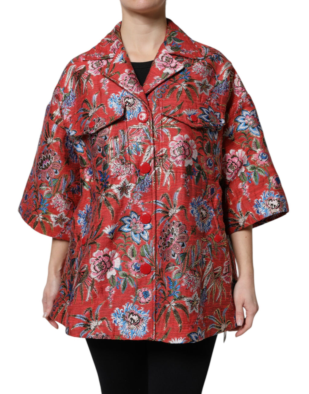 Manteau Dolce & Gabbana en jacquard floral rouge avec boutons, veste élégante pour femme.