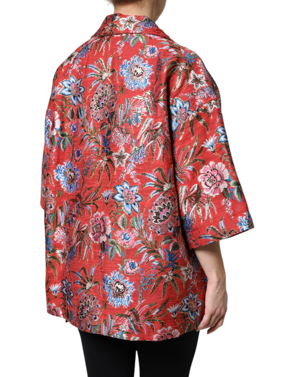 Manteau Dolce & Gabbana en jacquard floral rouge avec boutons, veste élégante en tissu à motif floral.