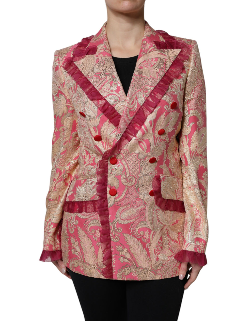 Veste blazer Dolce & Gabbana en jacquard rose or en nylon, élégante et sophistiquée, portée sur un mannequin.