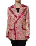 Veste blazer Dolce & Gabbana en jacquard rose or en nylon, élégante et sophistiquée, portée sur un mannequin.