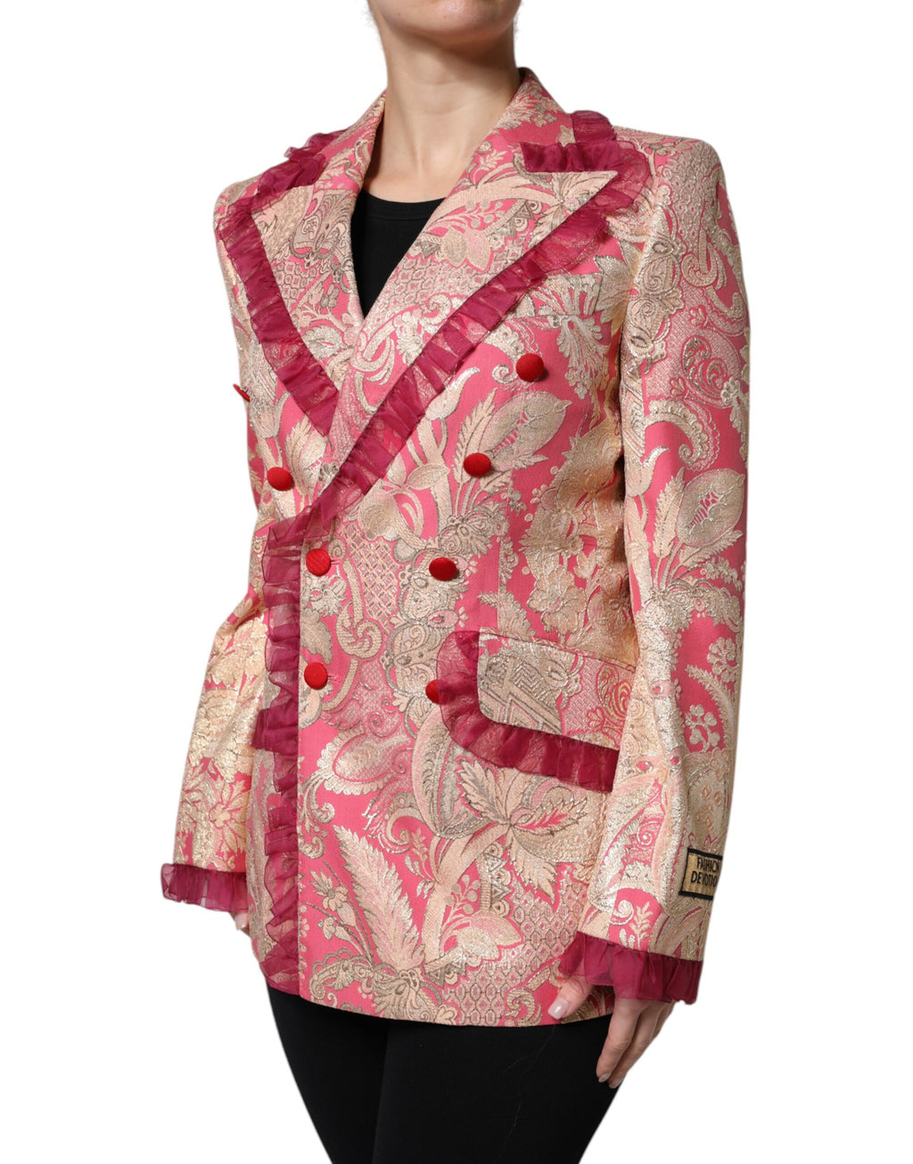 Blazer Dolce & Gabbana en jacquard rose or avec doublure en nylon, veste élégante pour femme.