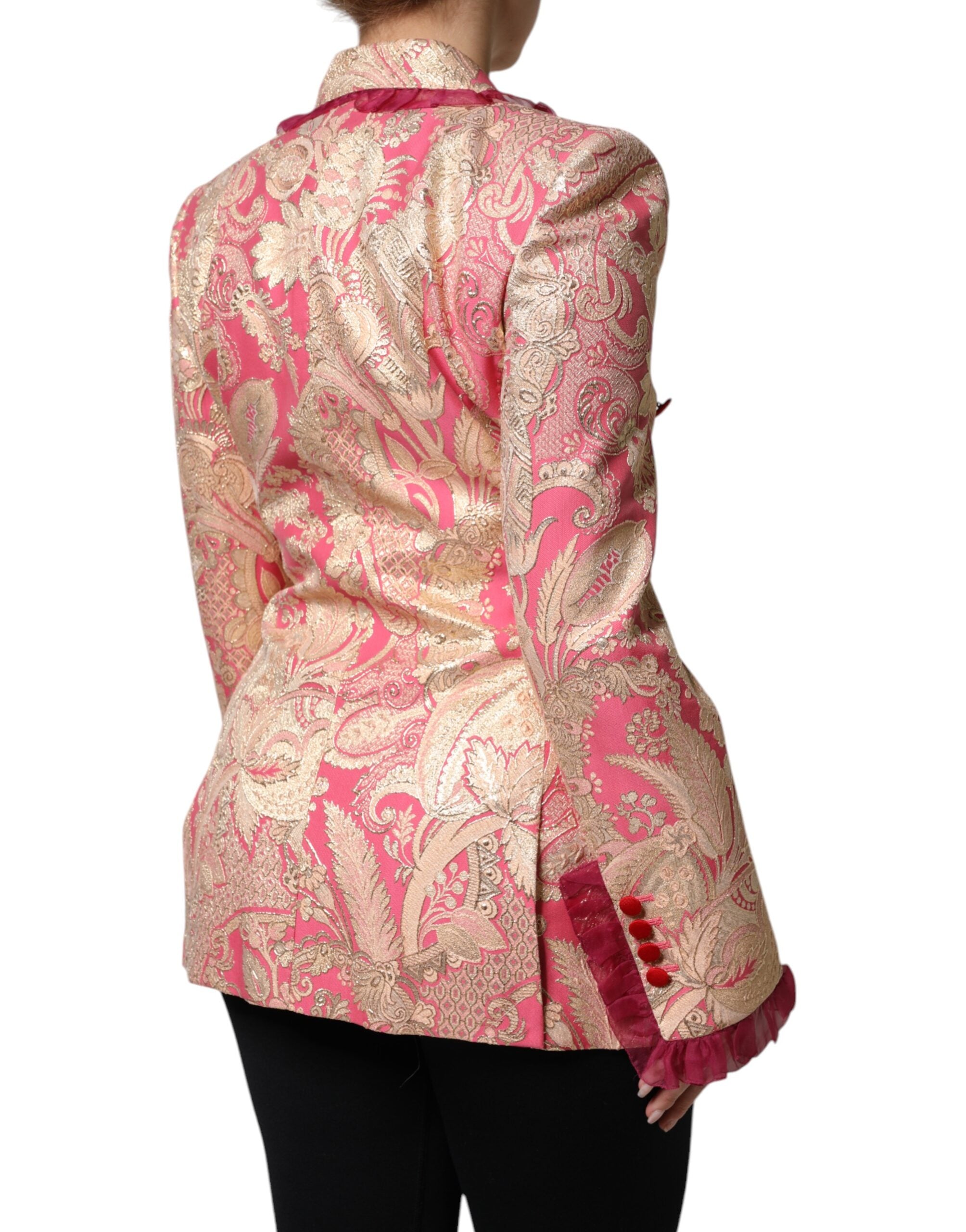 Veste blazer Dolce & Gabbana en jacquard rose or en nylon, élégante et sophistiquée, visible en gros plan.