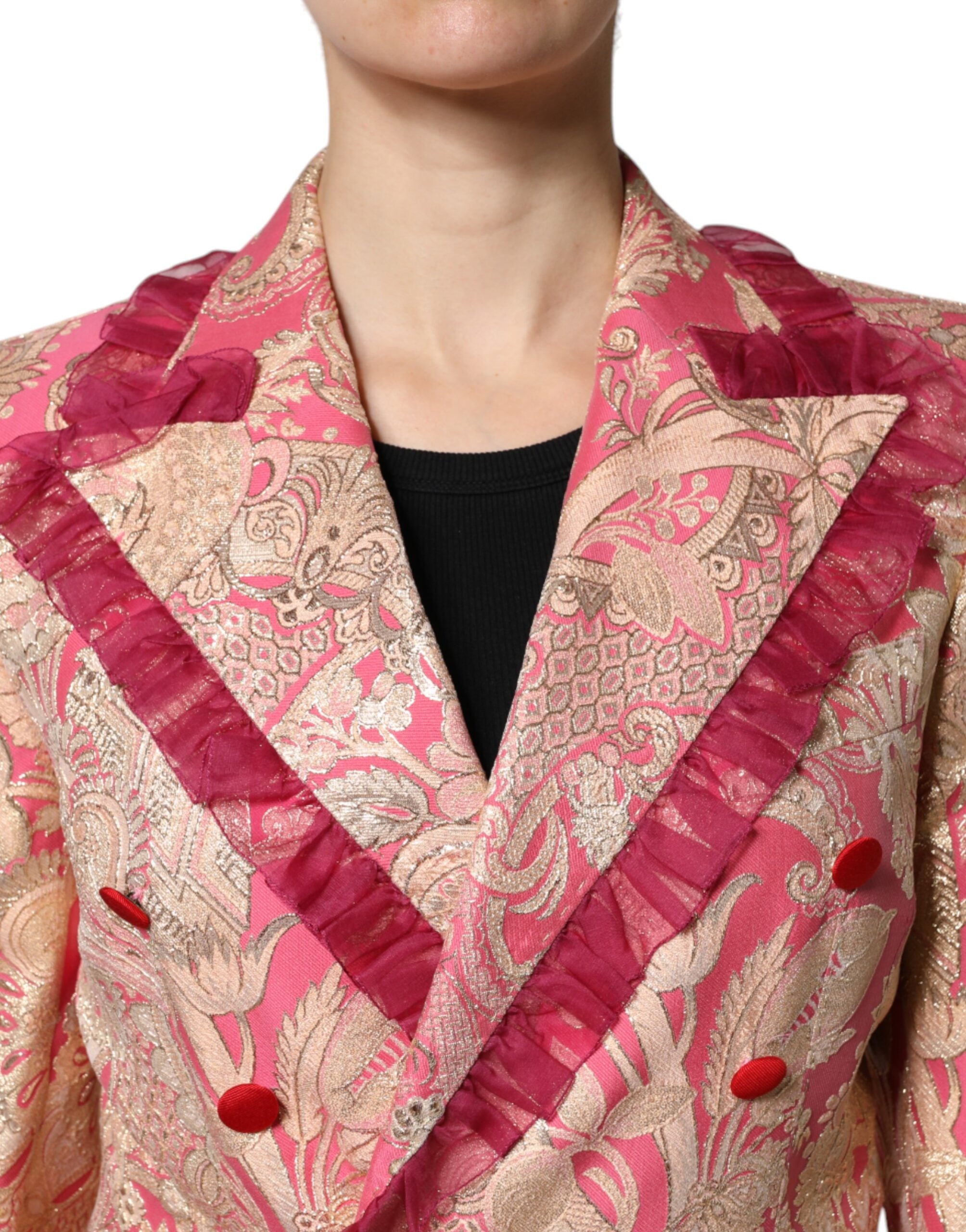 Veste blazer Dolce & Gabbana en jacquard rose or en nylon, élégante et tendance, vue de face.