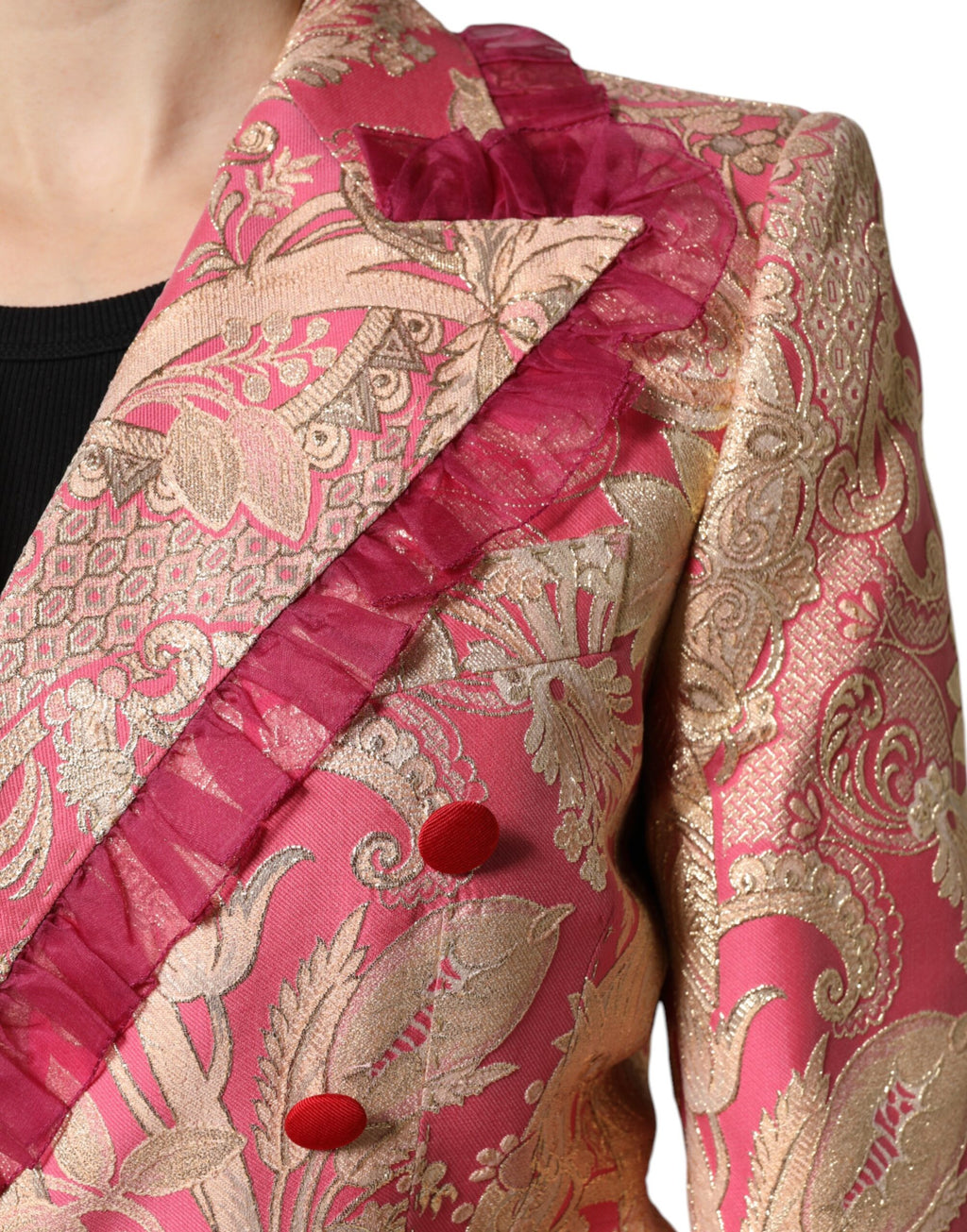 Blazer Dolce & Gabbana en jacquard rose et or en nylon, veste élégante avec détails sophistiqués.