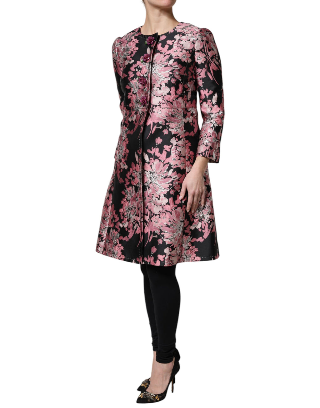 Manteau trench en brocart floral rose et noir Dolce & Gabbana, veste élégante avec motif floral sophistiqué.
