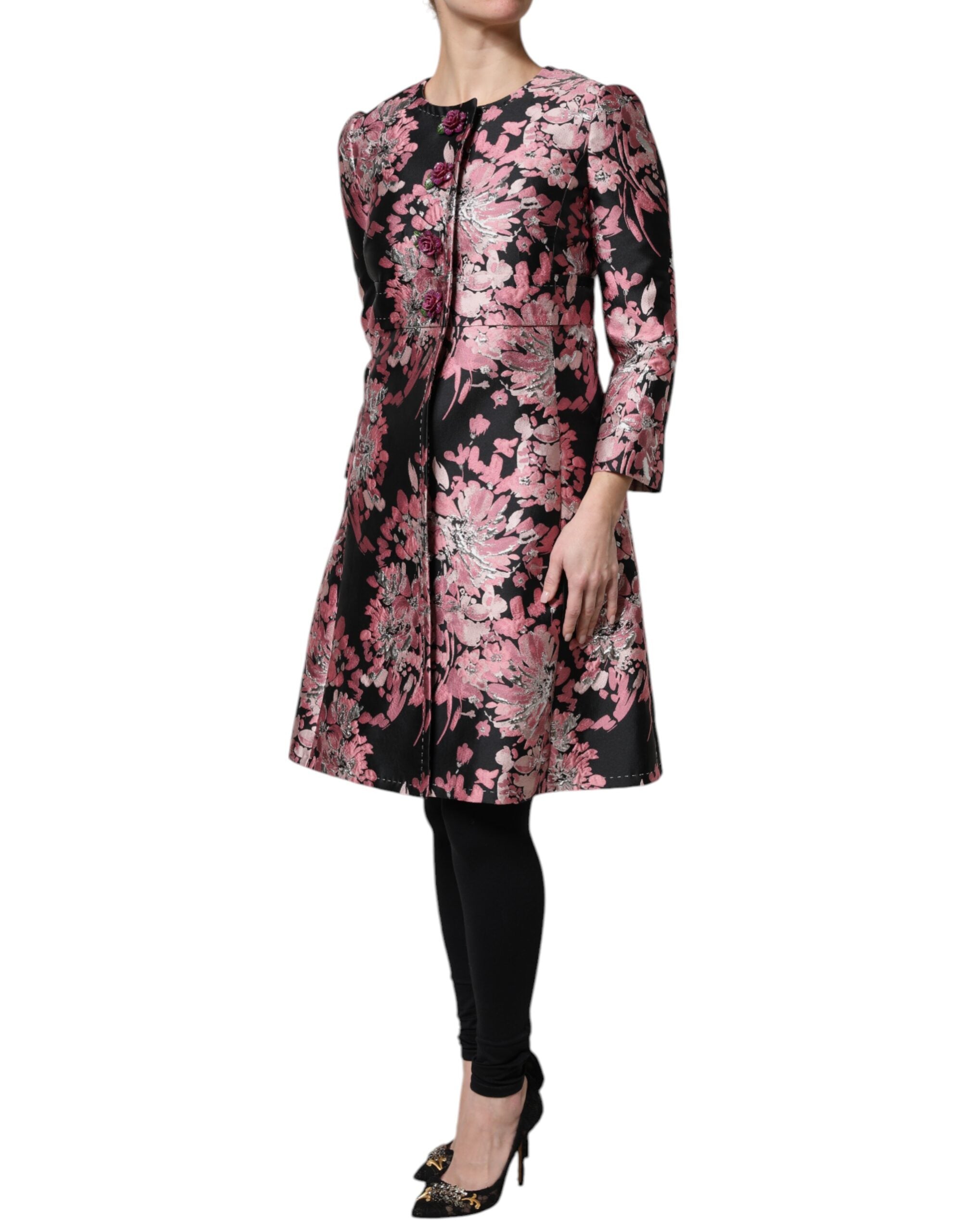Manteau trench en brocart floral rose et noir Dolce & Gabbana, veste élégante avec motif floral sophistiqué.