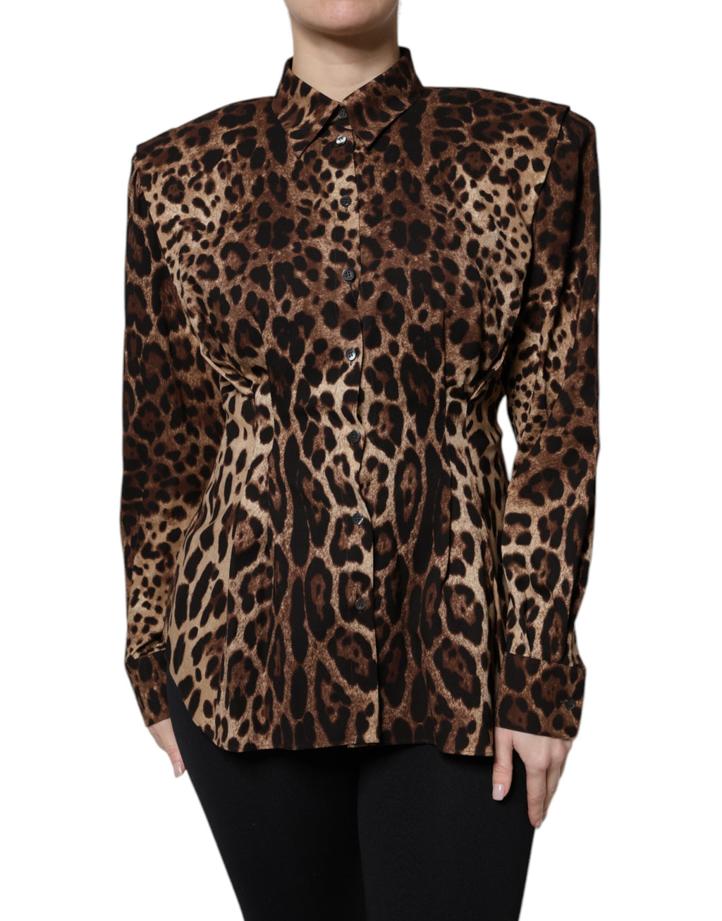 Manteau en soie à boutons Dolce & Gabbana, marron avec motif léopard, veste élégante et moderne pour femmes.