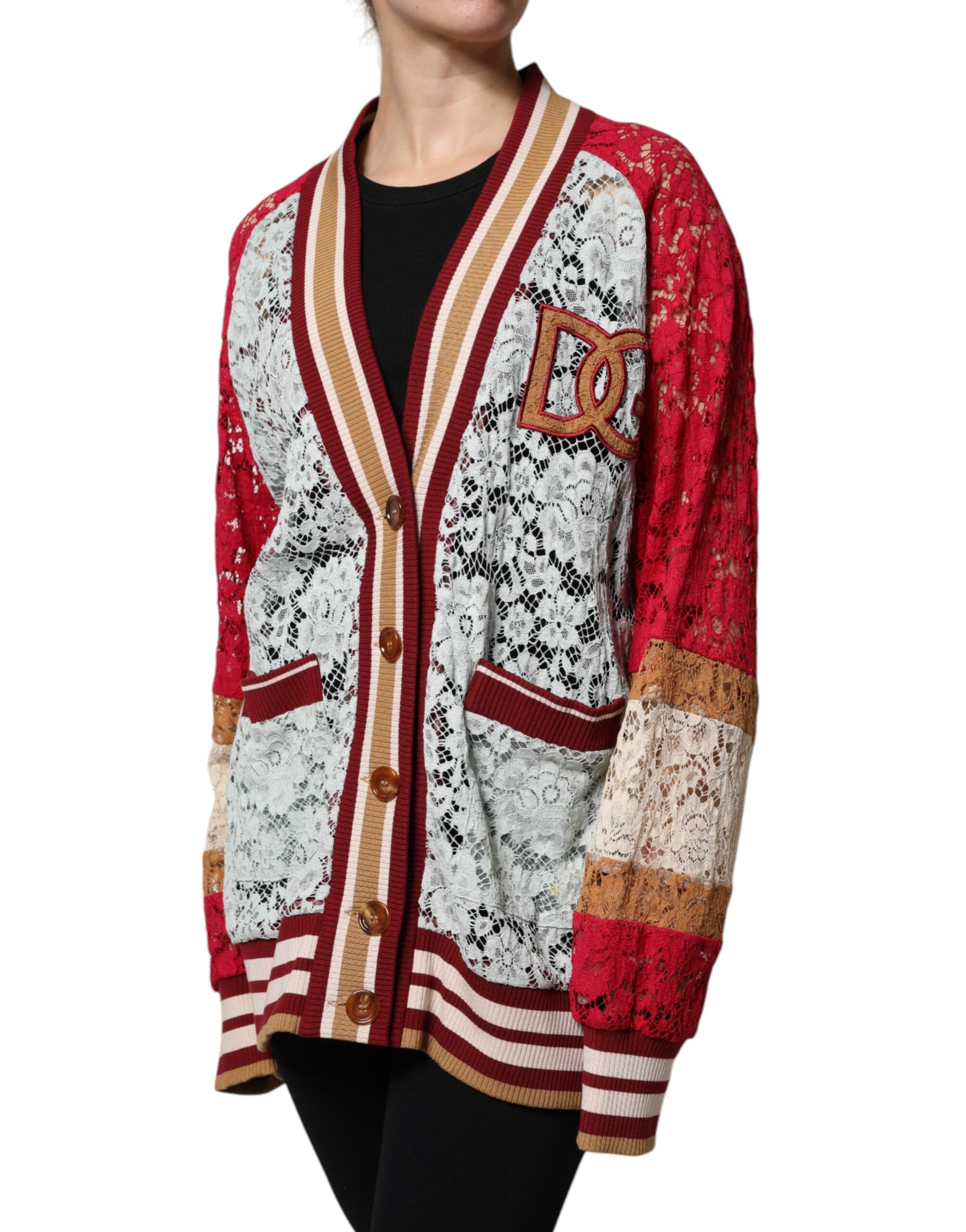 Cardigan Dolce & Gabbana en dentelle florale multicolore, pull élégant avec motifs floraux, idéal pour un style sophistiqué.
