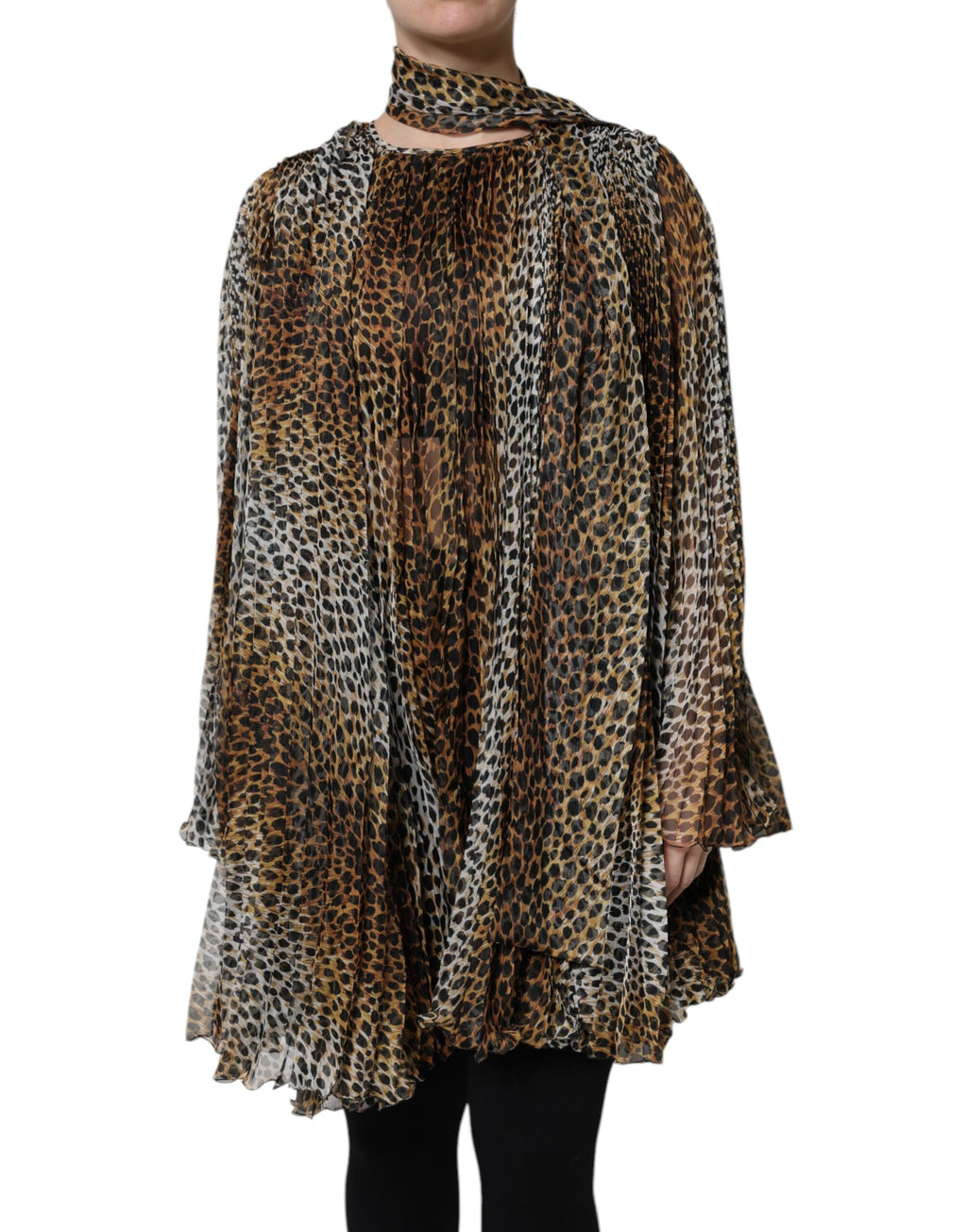 Robe en chiffon à col avec foulard à imprimé léopard brun Dolce & Gabbana, élégante et sophistiquée.