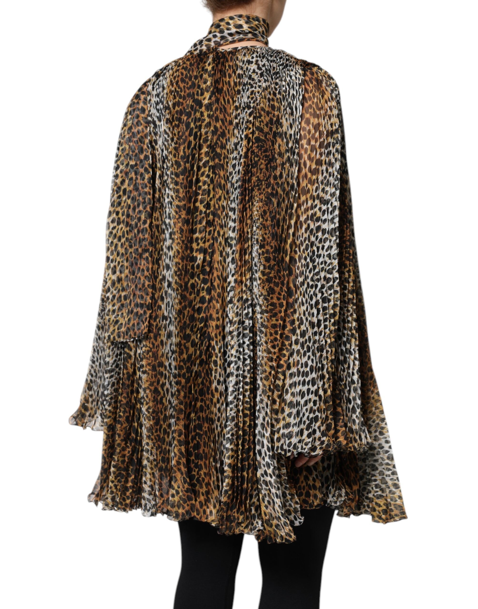 Robe en chiffon marron à col avec foulard imprimé léopard Dolce & Gabbana, élégante et tendance.