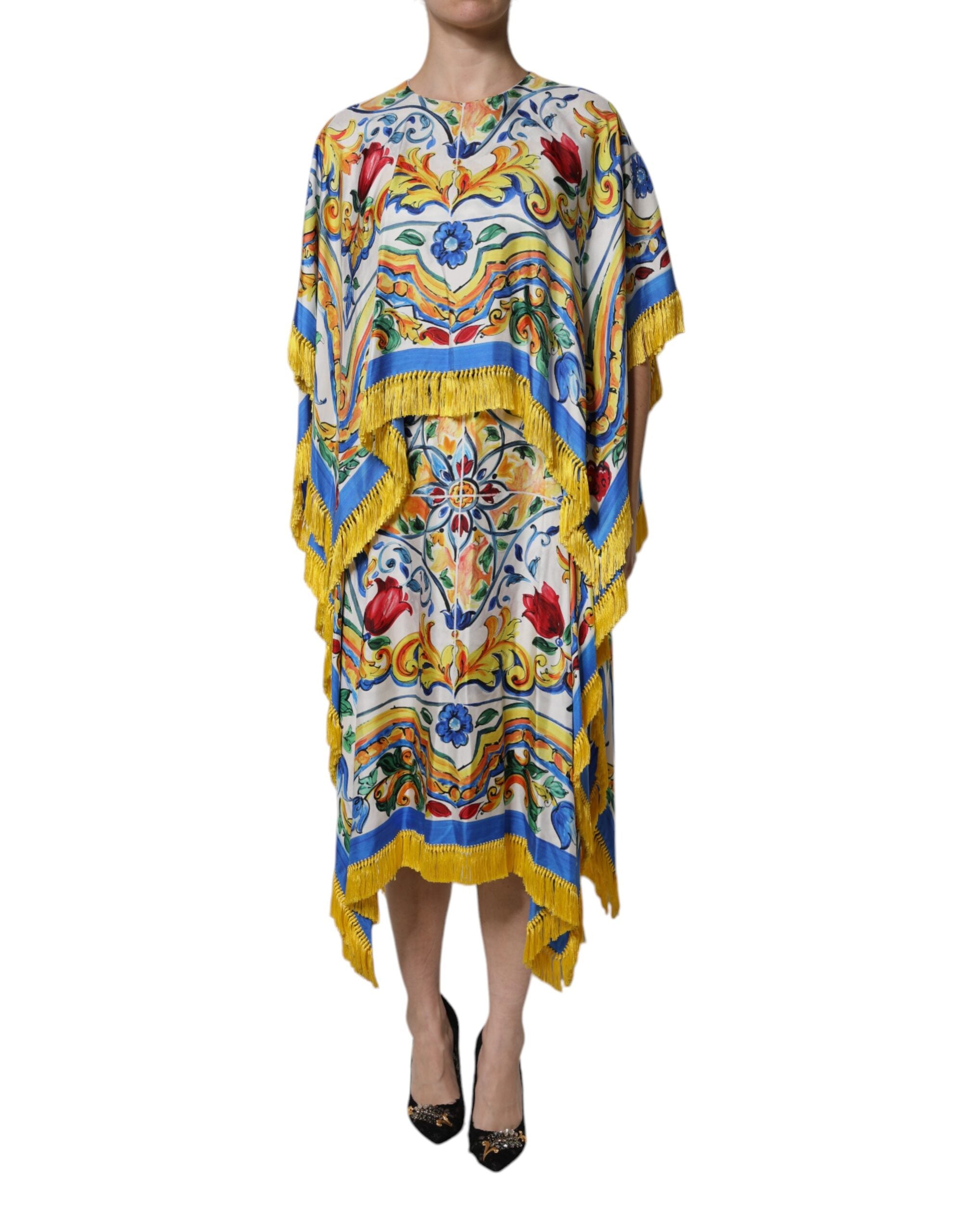 Robe longue à manches courtes Dolce & Gabbana Majolica multicolore, style kaftan avec motif coloré.