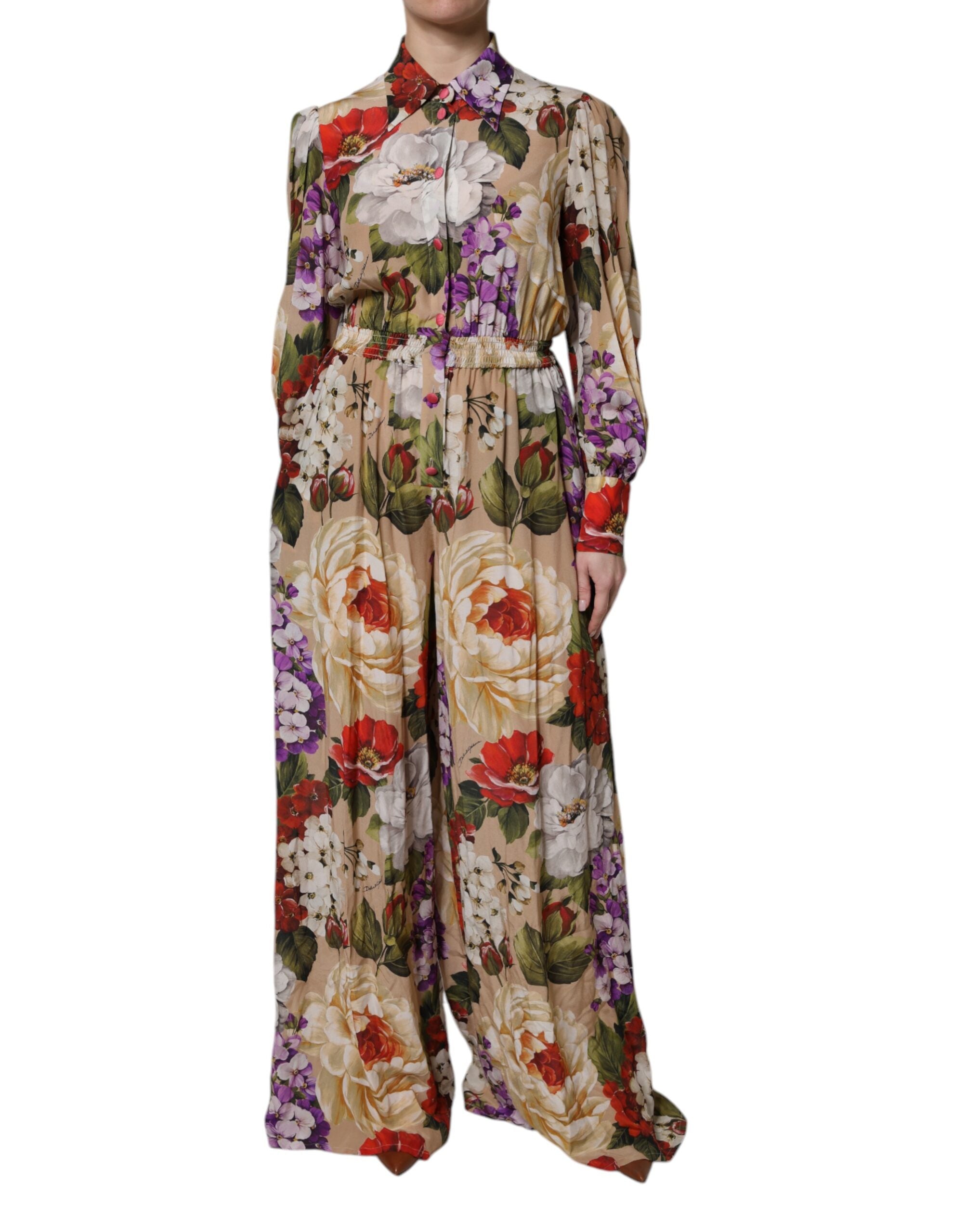Combinaison large Dolce & Gabbana à fleurs multicolores, style élégant avec jambes larges, portée comme robe.