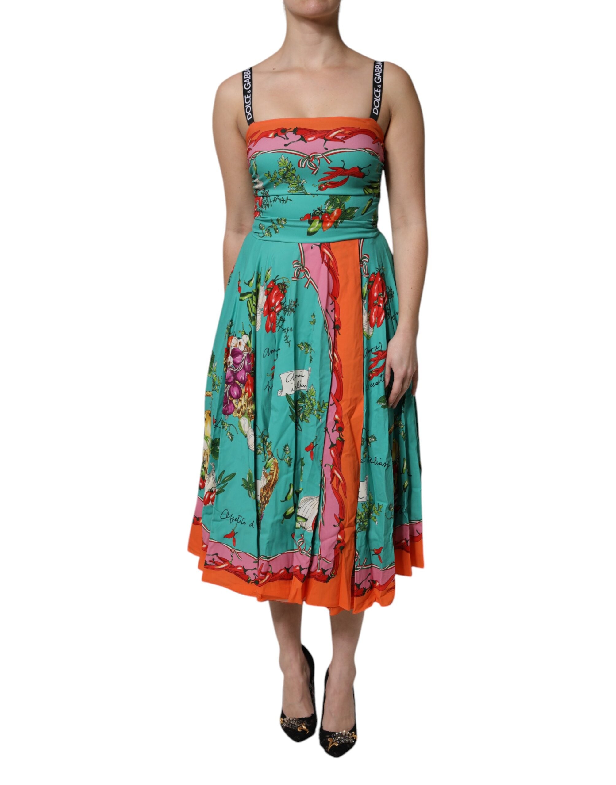 Robe midi sans manches en soie imprimée multicolore de Dolce & Gabbana, élégante et fluide, avec un motif coloré.