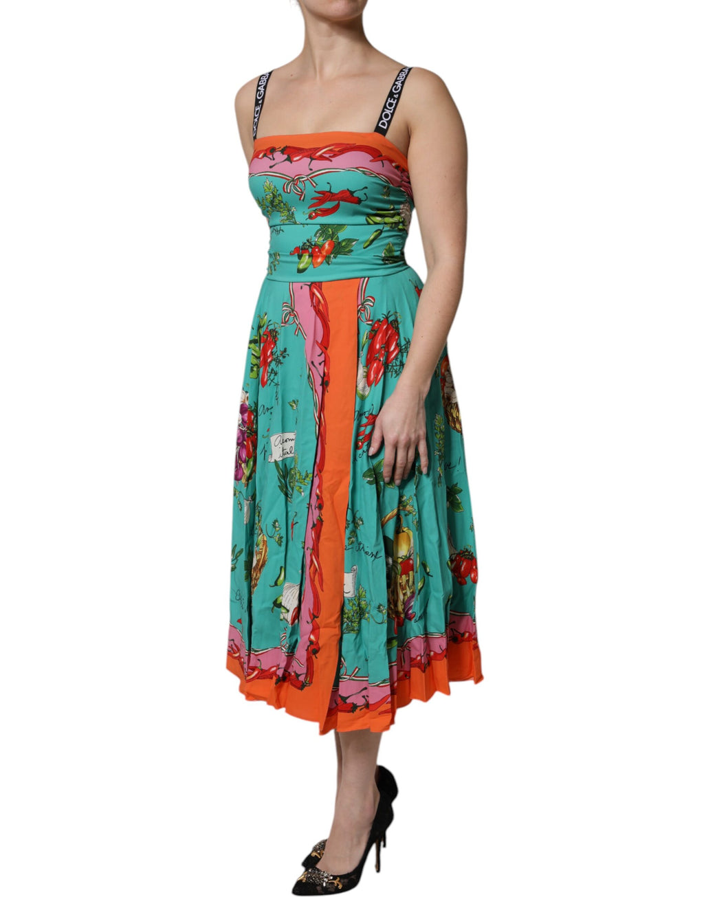 Robe midi sans manches Dolce & Gabbana en soie imprimée multicolore, motif floral élégant, tissu fluide et léger.