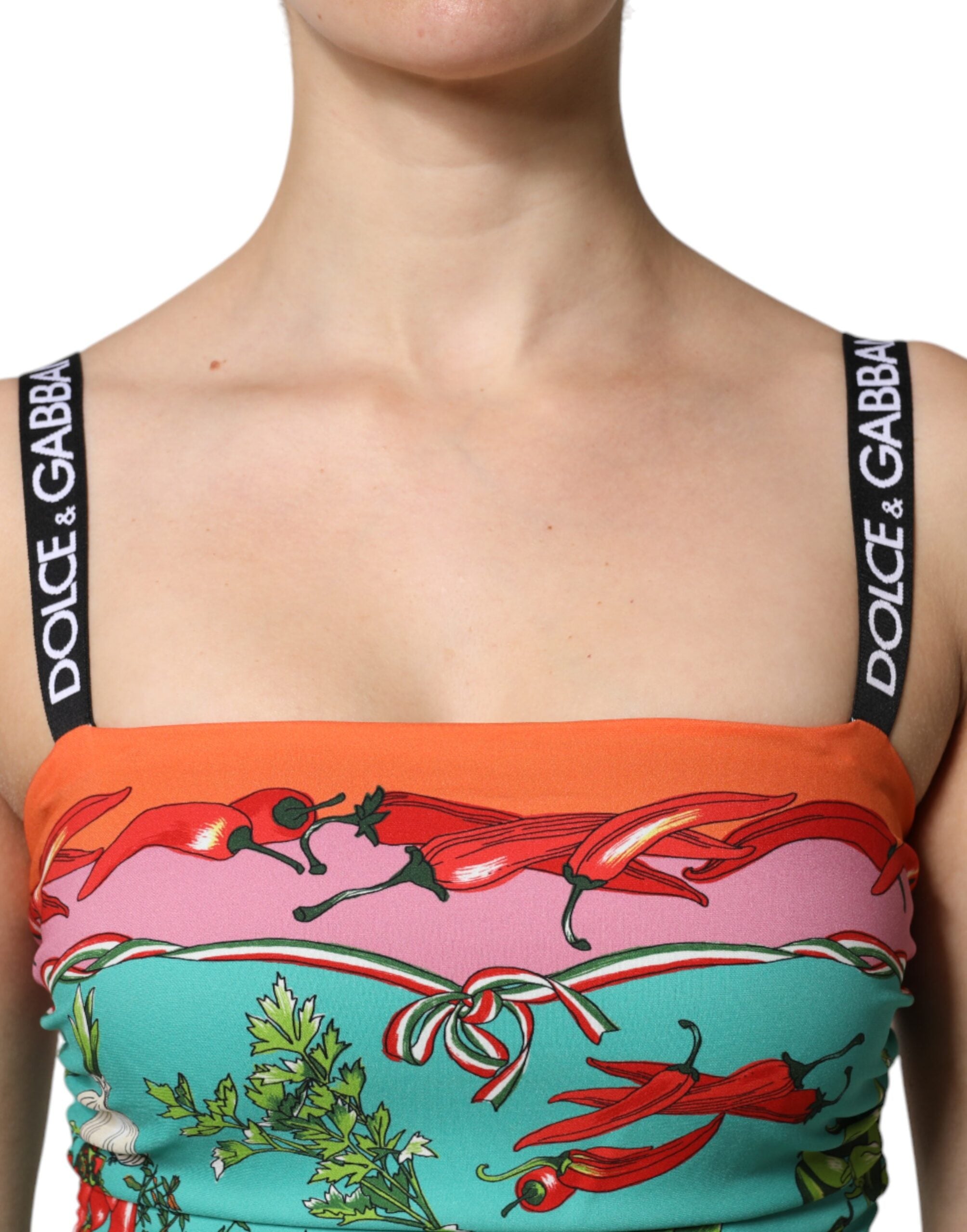 Robe midi sans manches en soie imprimée multicolore de Dolce & Gabbana, élégante et fluide, avec un motif coloré.