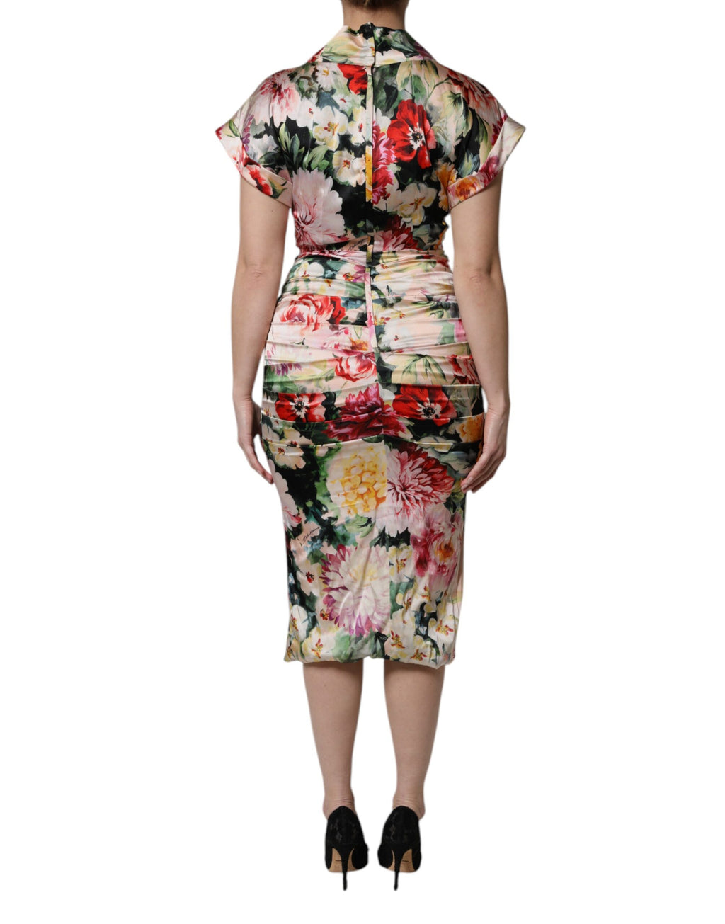 Robe midi à manches courtes Dolce & Gabbana à fleurs multicolores, coupe ajustée et élégante.