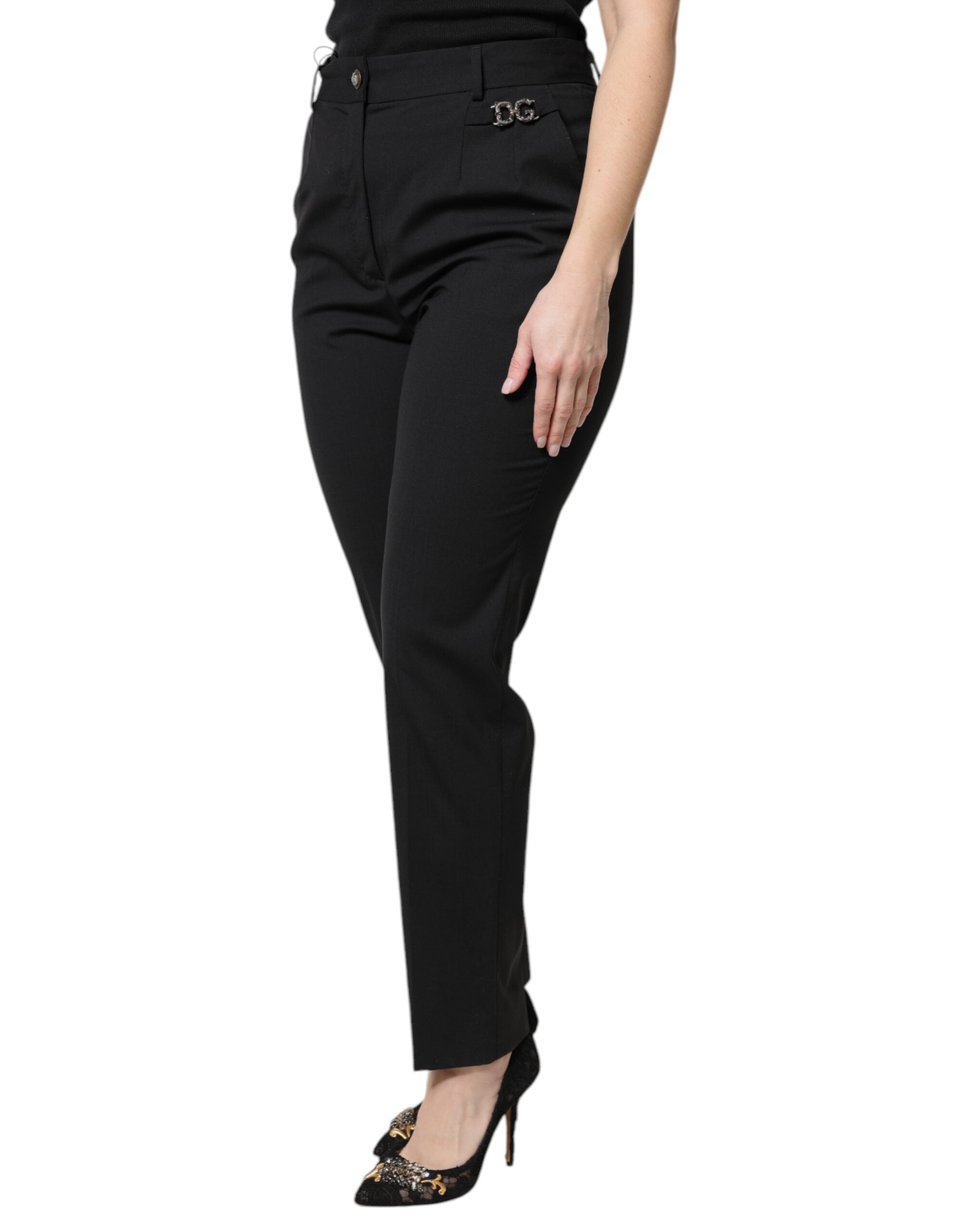 Pantalon noir en polyester à taille haute de Dolce & Gabbana, style élégant et moderne, visible en détail sur l'image.