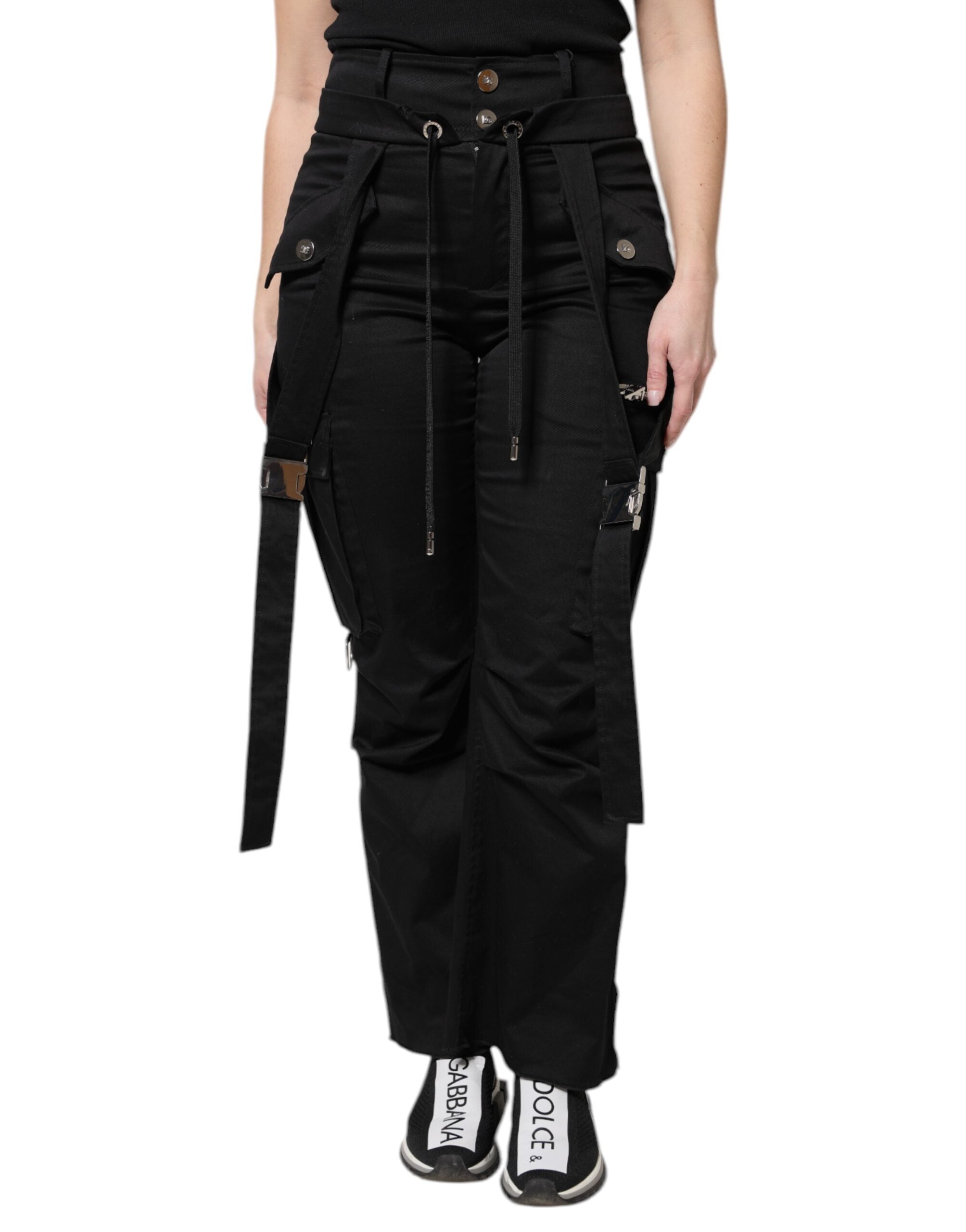 Pantalon cargo noir en coton à taille haute de Dolce & Gabbana, style décontracté avec poches latérales et finition élégante.