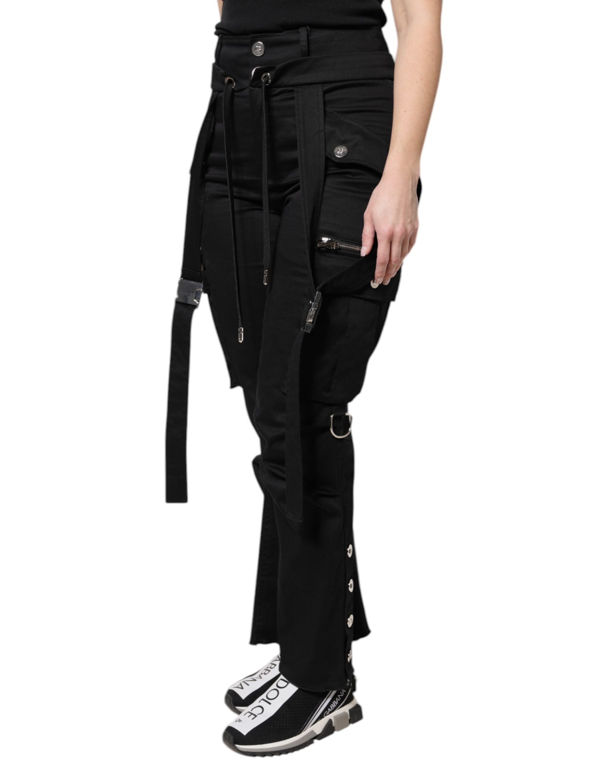 Pantalon cargo noir en coton à taille haute de Dolce & Gabbana, style décontracté avec poches pratiques.