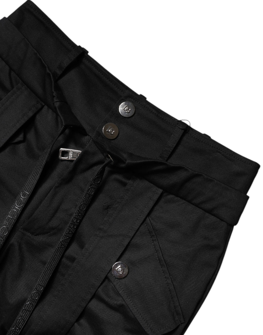 Pantalon cargo noir en coton à taille haute de Dolce & Gabbana, détail avec poches et coupe moderne.