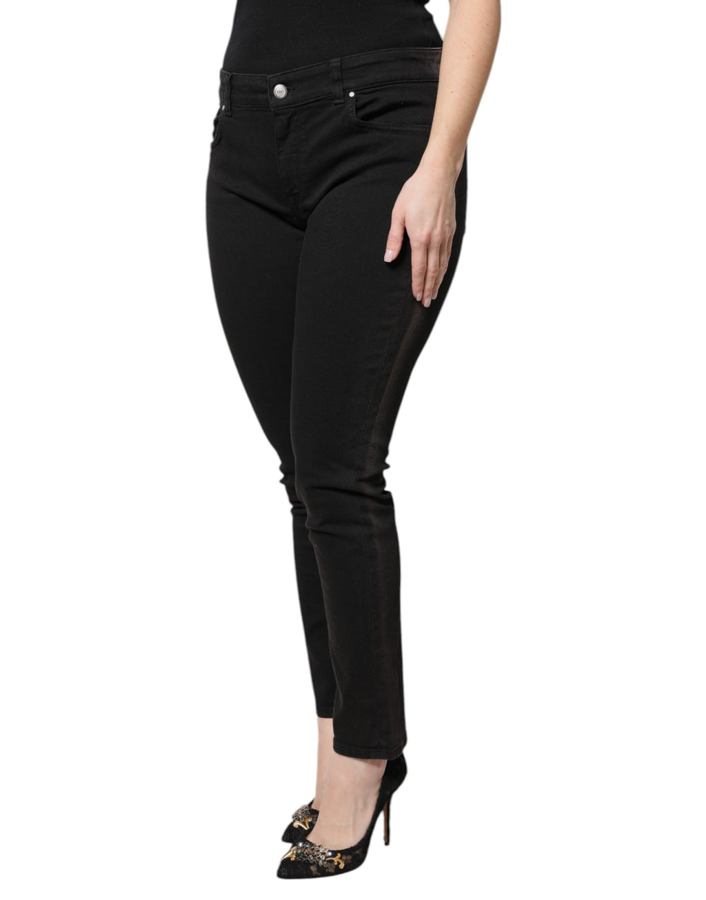 Jeans skinny en denim noir à taille haute de Dolce & Gabbana, coupe ajustée et style élégant.