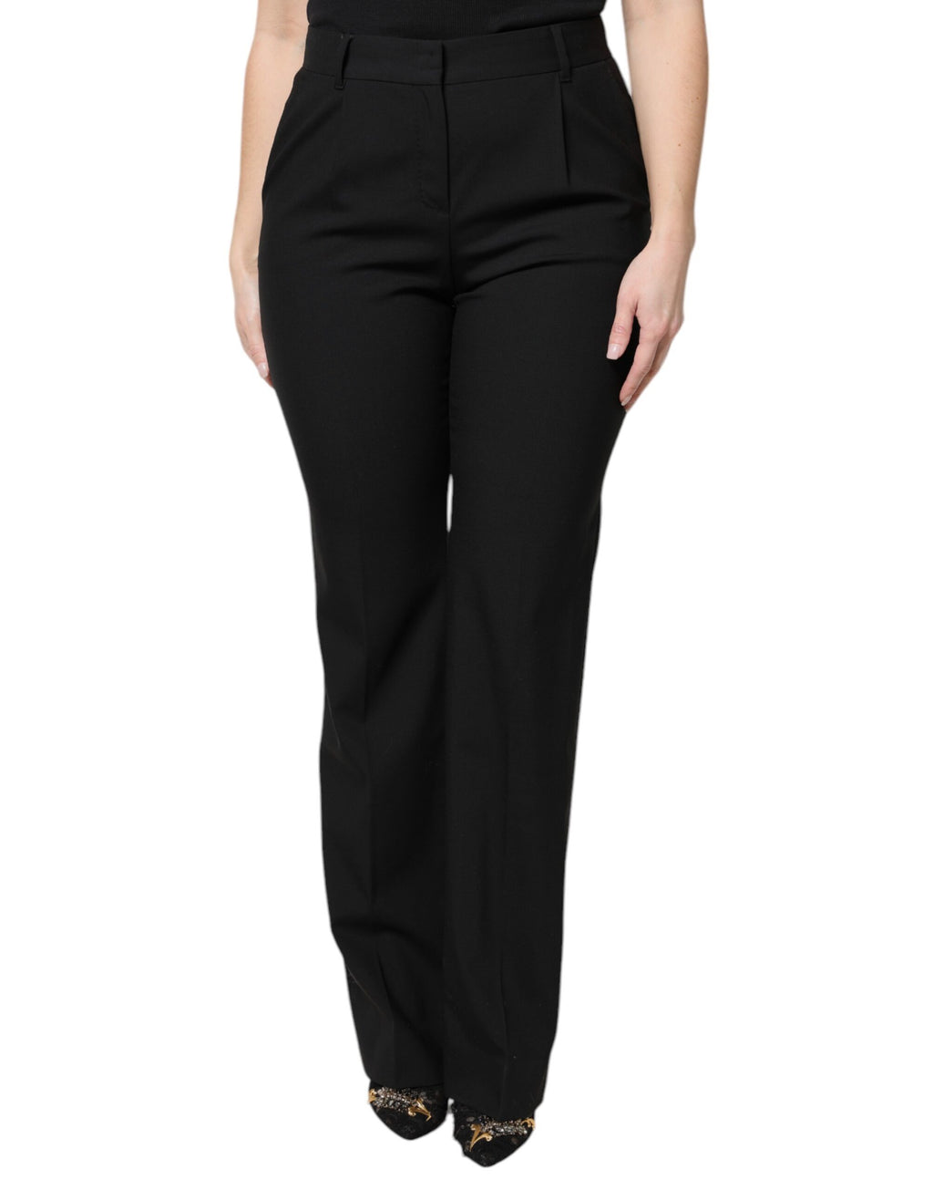 Pantalon noir en laine Dolce & Gabbana, pantalon taille haute à coupe évasée, style élégant et sophistiqué.