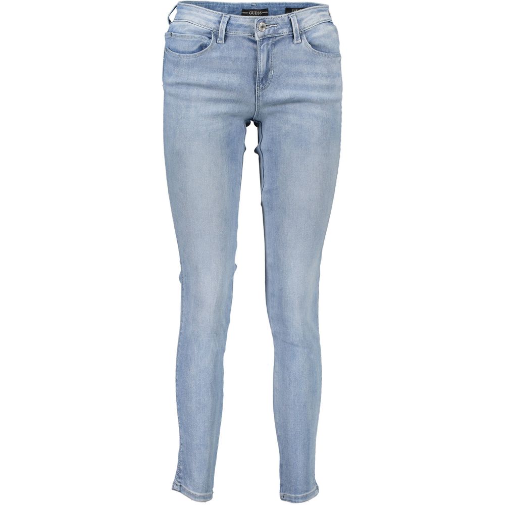 Jeans pour femmes Guess en coton bleu azur, coupe classique, détails en denim, image montrant la matière et la couleur.
