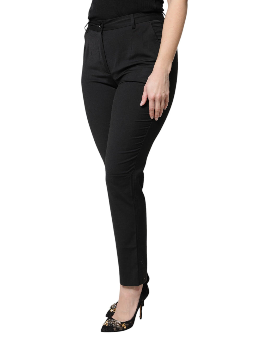 Pantalon slim taille haute en polyester noir de Dolce & Gabbana, coupe élégante et moderne pour femmes.