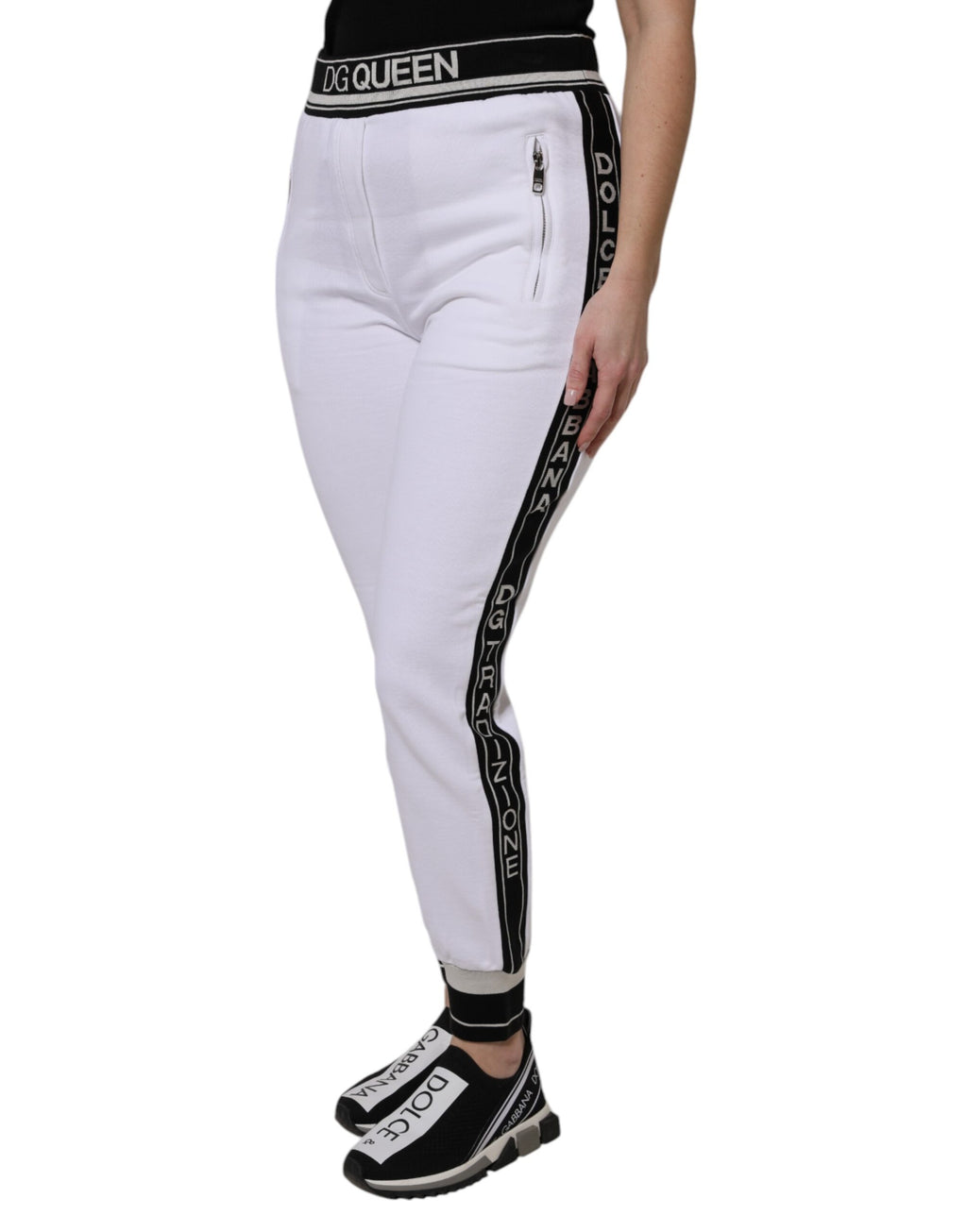Pantalon de jogging en coton stretch blanc Dolce & Gabbana, style décontracté avec poches et taille élastique.