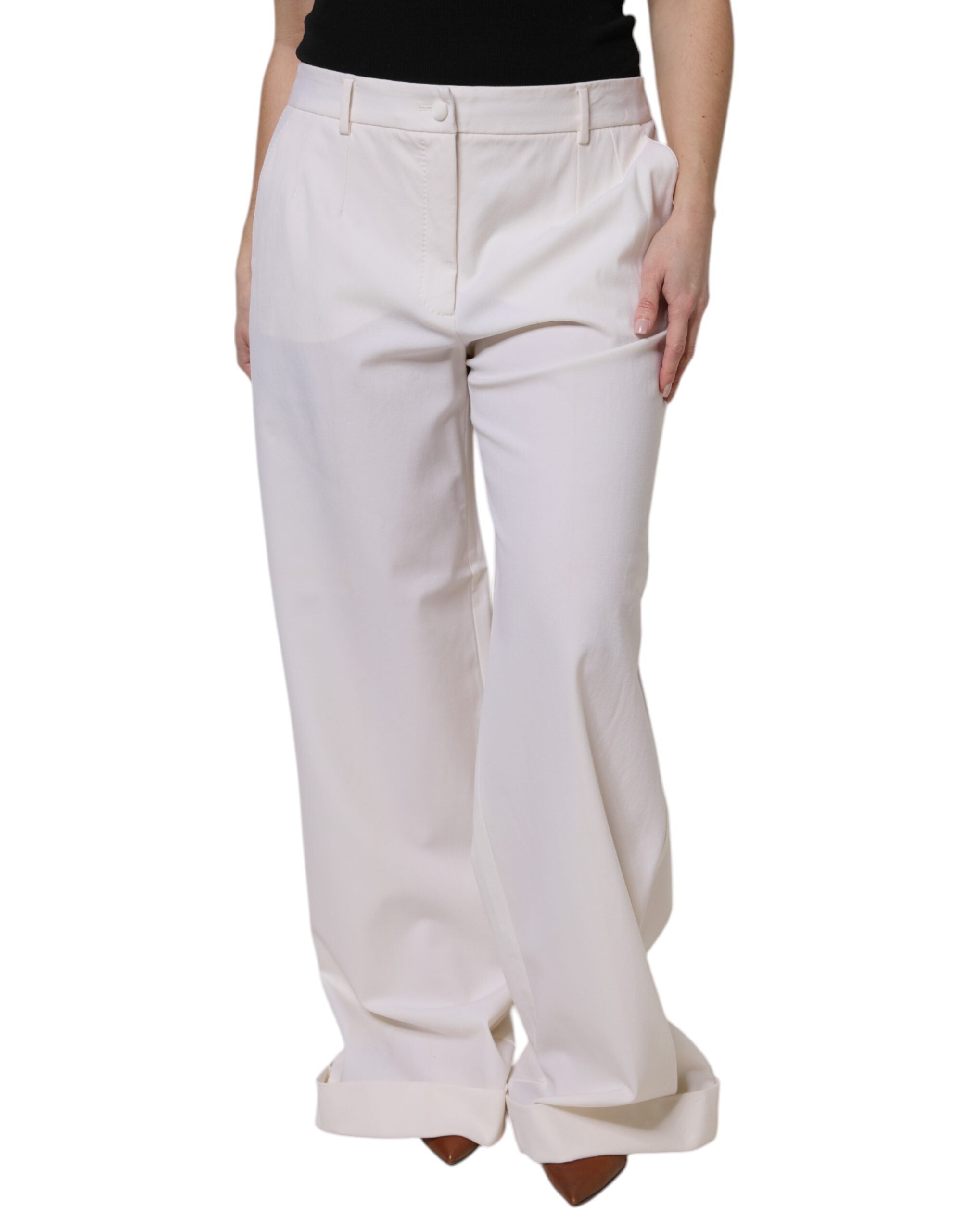 Pantalons en laine blanche Dolce & Gabbana à taille moyenne et jambes larges, détails élégants et couture raffinée.