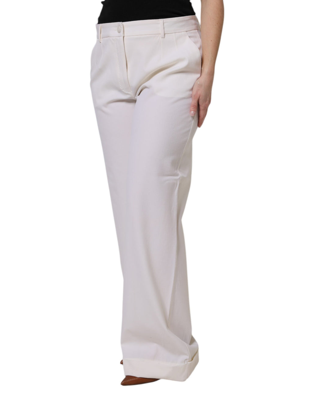 Pantalons beige en laine blanche Dolce & Gabbana, taille moyenne, style à jambes larges et coupe décontractée.