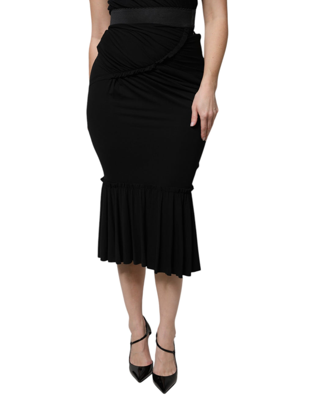Jupe midi noire Dolce & Gabbana à coupe sirène, haute taille en tissu élégant, vue de face sur fond neutre.