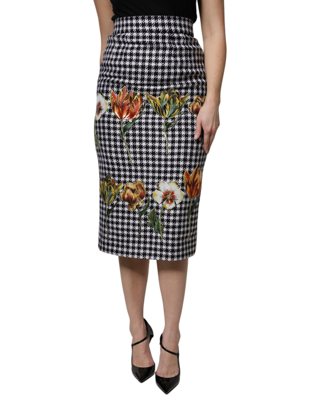 Jupe crayon à taille haute Dolce & Gabbana avec imprimé floral multicolore, style élégant et féminin.